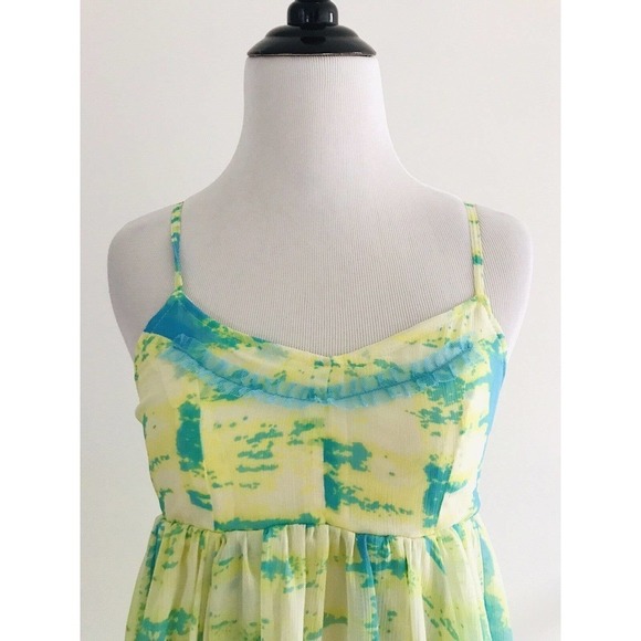 Steve Madden | Tie Dye Draped Top Sz XS Yellow Blue Lace Spaghetti Strap Fringe - Picture 11 of 13